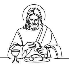 Jesus Christ breaking bread at the Last Supper, line drawing style