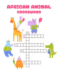 Crossword puzzle game of african animal. Printable worksheet with solution for school and preschool.
