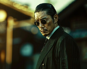 Yakuza in medium shot poised and dignified showcasing the intersection of modernity and tradition