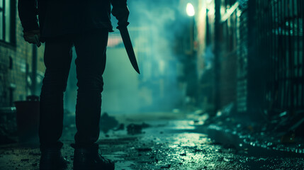 Silhouette of a person walking in a dark alley holding a knife, with moody lighting and a streetlamp in the background.