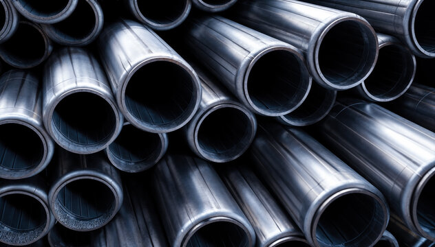 large stack of shiny metal pipes of different diameters pipes are stacked horizontally and vertically
