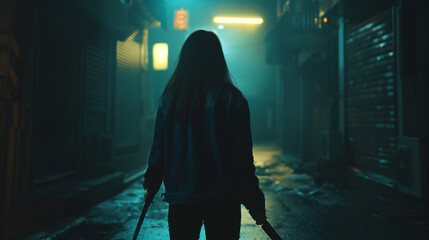 Mysterious woman figure standing with a knife in a foggy alley at night, illuminated by dim street lights.