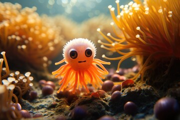An orange small sea anemone animal with a sad face. Generative AI.