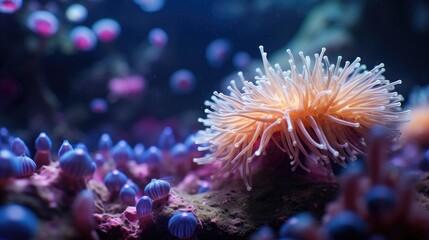 A close up of a sea anemone in an aquarium. Generative AI.