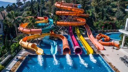 Water slide with the pool, aqua park attraction  - obrazy, fototapety, plakaty