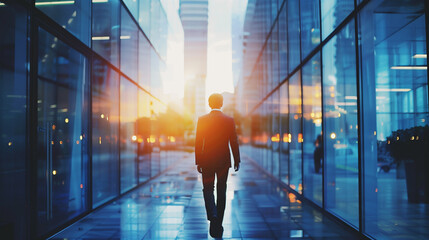 Fototapeta premium Businessman walking in a glass corridor with cityscape and sunrise in the background.