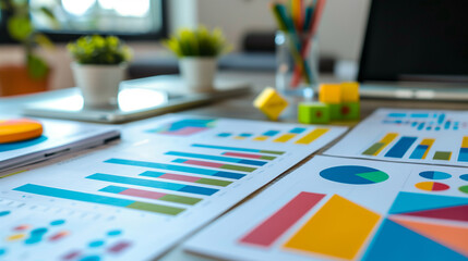 Close-up of colorful business charts and graphs on a workspace with blurred background of a...
