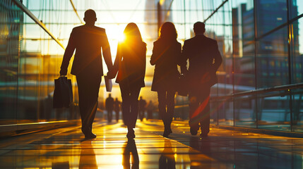 Silhouetted business people walking in a modern cityscape during sunset, with warm backlighting and urban reflections.
