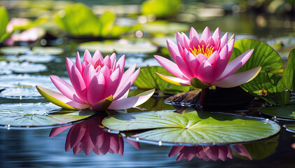 Pink Water Lilies in a Tranquil Pond, a Symbol of Purity and Tranquility