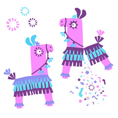 cartoon animal pinata isolated on white background. Vector illustration of colorful paper accessories in shape of horse, for traditional mexican party 2