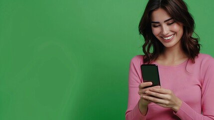 young adult smiling happy pretty woman holding mobile phone looking at smartphone, typing message doing ecommerce shopping on cell, using trendy apps on cellphone isolated on green background