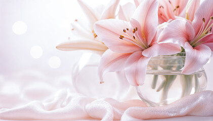 beautiful bouquet of pink lilies in a glass vase on a pink background