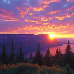 Vibrant Sunrays Peeking Over Cliffside at Sunrise, Flaming Sky Above the Ocean with Silhouetted Trees