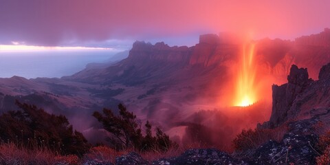 Volcanic Eruption Illuminating Twilight Sky with a Spectacular Lava Flow Amidst Rugged Terrain - obrazy, fototapety, plakaty