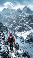 Man Hiking Up Snow Covered Mountain. Generative AI - obrazy, fototapety, plakaty