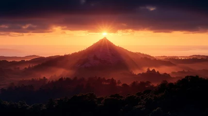 Fotobehang Majestic Mountain Sunrise with Glowing Sun Rays Through Misty Forest, Breathtaking Nature Panorama © Ross