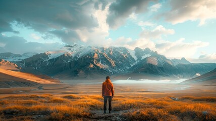 Fototapeta premium Man Standing in Field With Mountains in Background. Generative AI