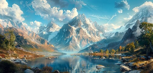 Mountain Lake Surrounded by Trees. Generative AI - obrazy, fototapety, plakaty