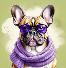Funny portrait of french bulldog in violet sunglasses and  knitted scarf.	