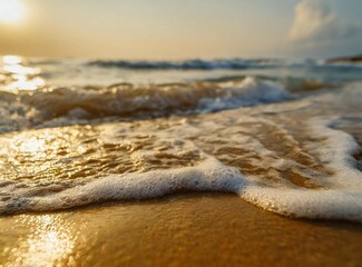 Fototapeta na wymiar Beautiful sand beach in sunset time. Close up sea wave on sand beach. Sea shore.