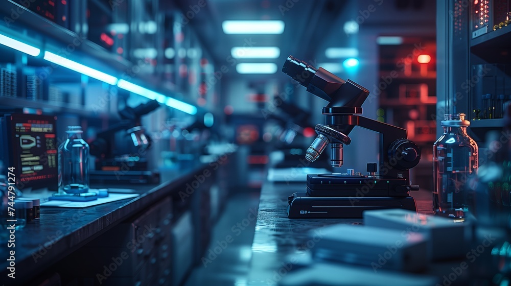 Poster busy lab filled with bottles and microscopes