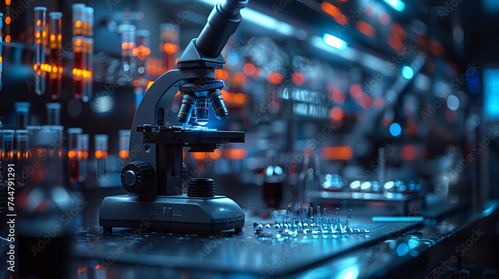 Poster microscope on table in lab