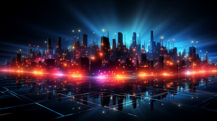 Fototapeta na wymiar Colorful Glowy Night City with Skyscrapers Background Illustration