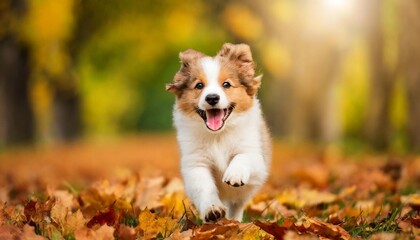 funny happy cute dog puppy running smiling in the leaves golden autumn fall background - obrazy, fototapety, plakaty