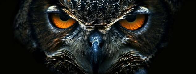 an owl face is behind a black background Generative AI