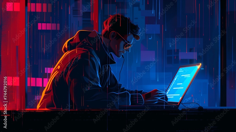 Poster man working on laptop computer