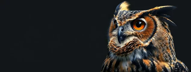 Fotobehang a large golden owl sitting on the ground on a black background Generative AI © SKIMP Art