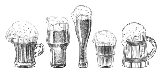 Set of beer glasses isolated on white background. Sketch style mugs of beer. Pint glassware. Collection of engraved illustrations for pub menu. Oktoberfest drinks. Hand drawn goblets of beer