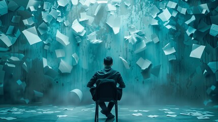 Man Sitting in Chair in Front of Wall - obrazy, fototapety, plakaty
