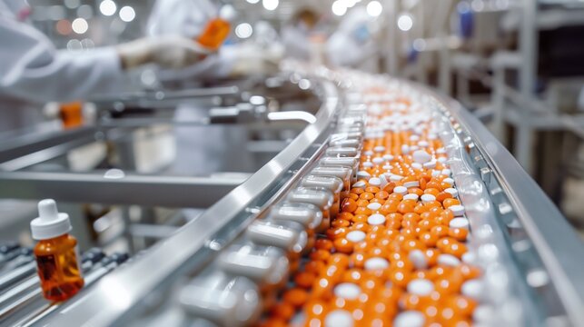 Conveyor Belt Filled With Orange and White Pills
