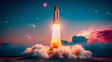Space Shuttle Launching into a Starry Sky with a Nebula and Shooting Stars - obrazy, fototapety, plakaty