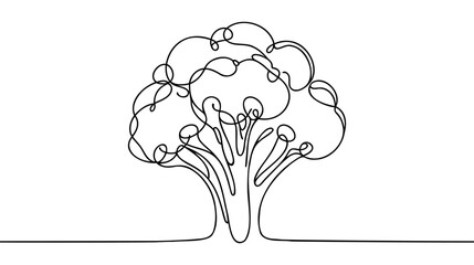 Continuous single drawn one line broccoli vegetables hand-drawn picture silhouette. Line art. Doodle