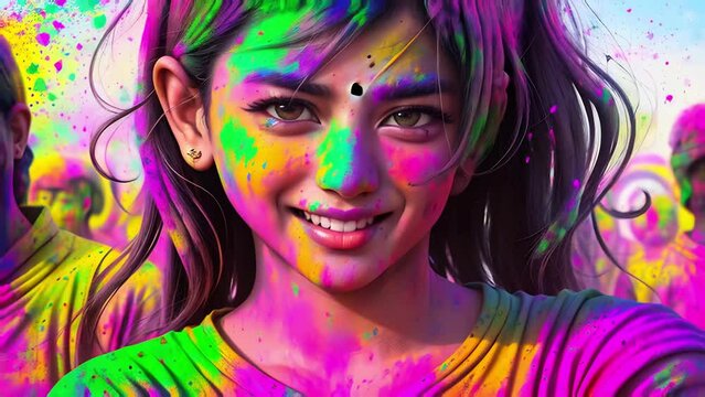 portrait of a beautiful modern woman at the Holi Festival of Colors.