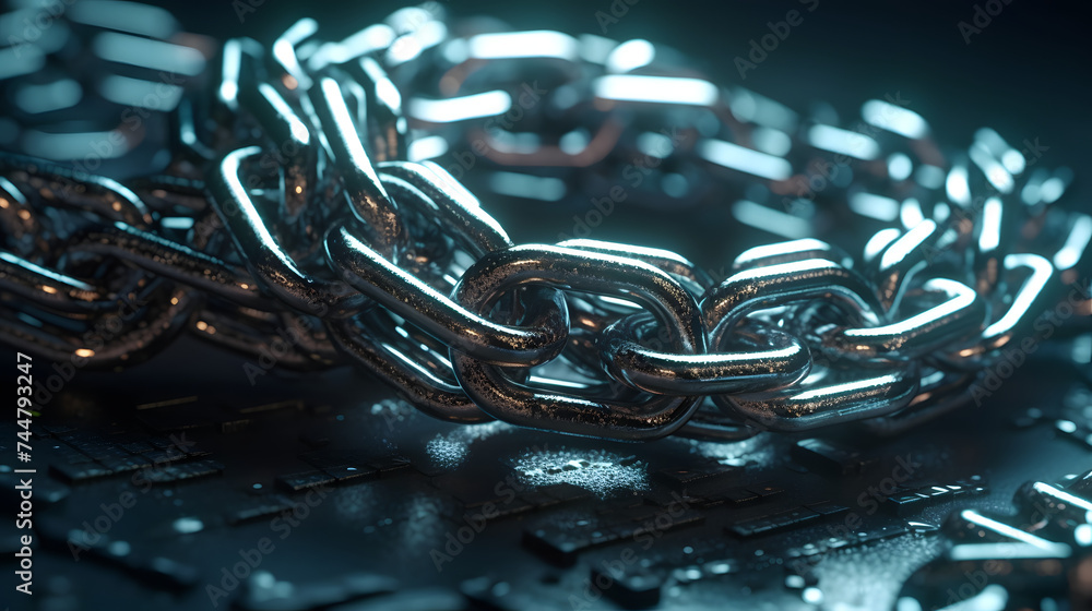 Poster two silver chains forming a chain with an image of the internet and computer technology