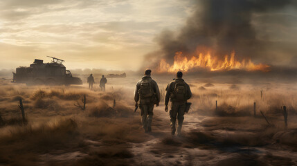 a group of men are walking in an open field next to a burning land