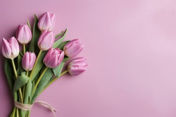 Bouquet of pink tulips in pink background with copy space