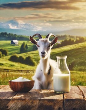 Naklejki  Fresh milk on a wooden table with a goat in a meadow and agricultural farm in the background 