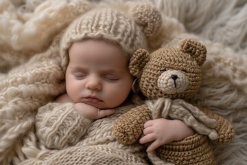 Fototapeta na wymiar Newborn baby sleeping with teddy bear