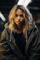 Fototapeta premium Young blonde woman wearing sporty jacket