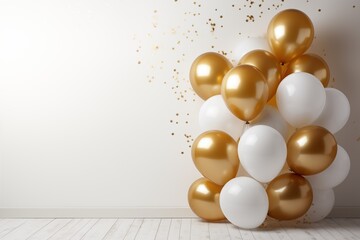 Golden and white balloons on white wall with copy space