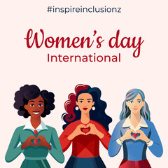International Women's Day 2024. Inspire inclusion. Square design with young women of different nationalities and races showing heart sign with hands. Vector design for poster, banner, social media