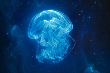 A jellyfish its luminescent body floating serenely a ghostly presence in the deep blue sea - obrazy, fototapety, plakaty