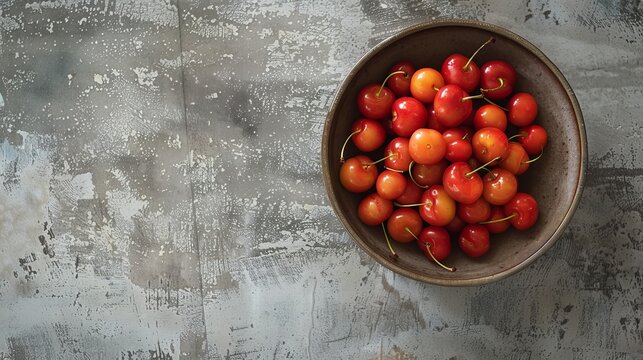From above, a large bowl of vivid red cherries rests on a grey cement counter.