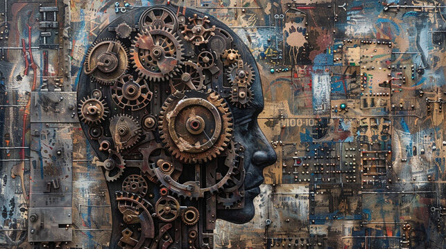 A head filled with rusting gears against a backdrop of cognitive symbols an allegory of mental struggle and perseverance