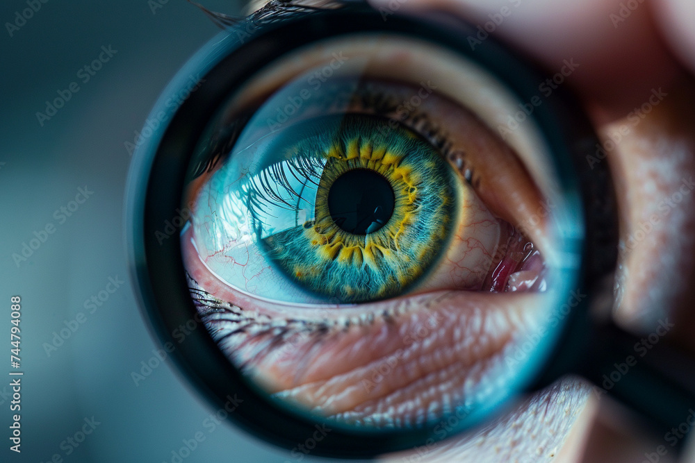 Poster an intense close up of an eyeball through a magnifying lens showcasing the depth and color of human 