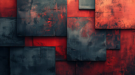 Red and Black Abstract Painting of Squares and Rectangles